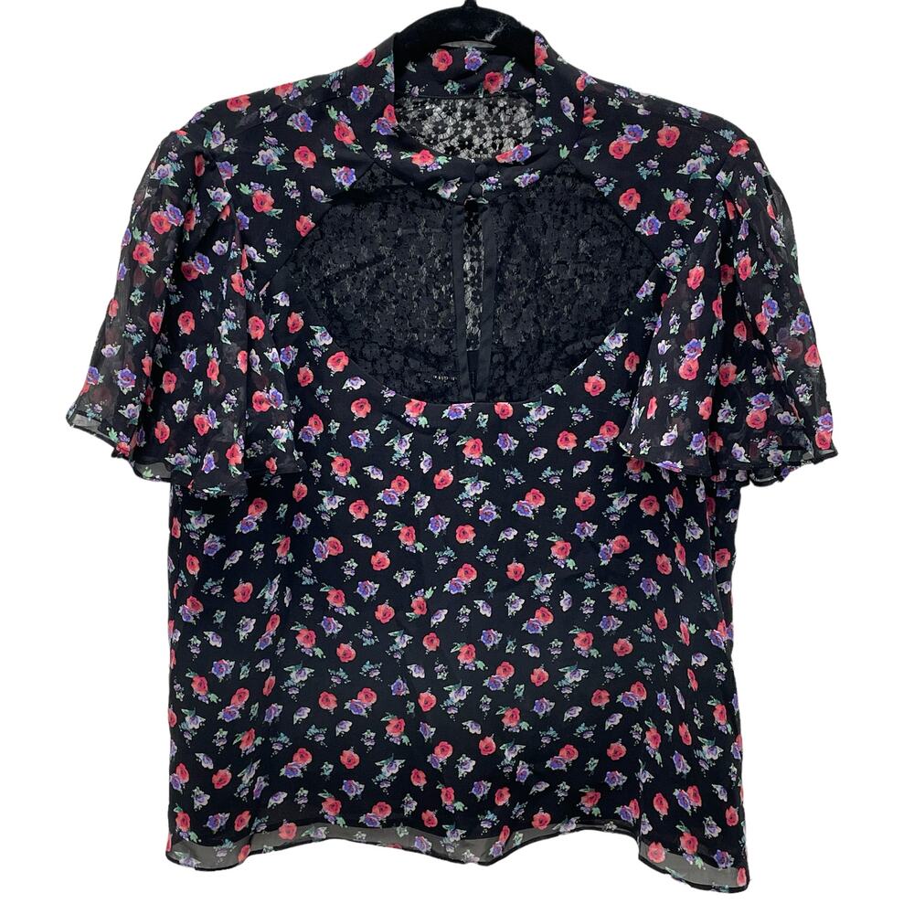 Nanette Lepore Silk Blouse Top Shirt Flutter Sleeve with Lace Floral M